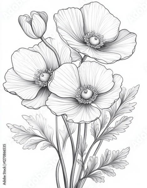 Fototapeta Detailed pencil drawing of delicate anemone flowers showcasing intricate petals and leaves in a beautiful botanical style