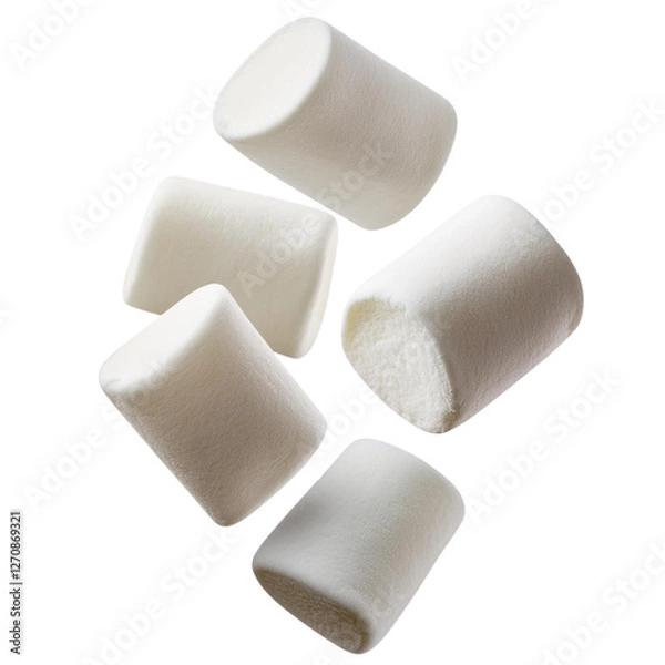 Obraz A collection of fluffy white marshmallows on a white background, perfect for sweet treats and desserts.