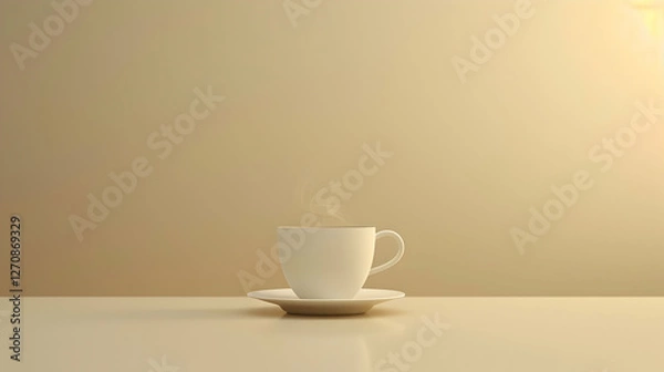 Fototapeta A steaming cup of coffee on a minimalist table with soft lighting, creating a cozy atmosphere