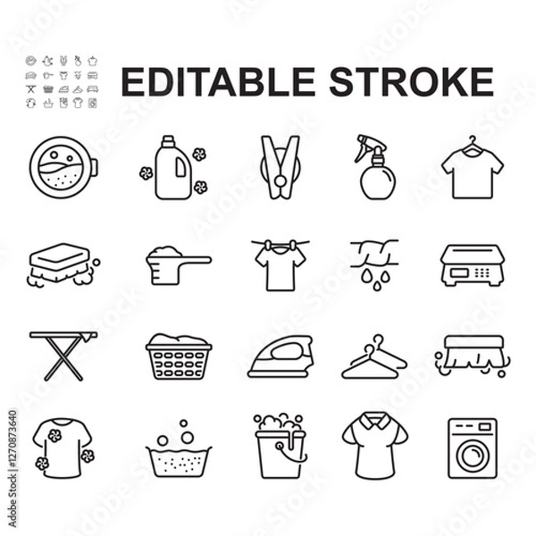 Fototapeta Collection of various icons related to washing clothes. Contains icons such as washing machine, clothes freshener, laundry soap and many more. Thin line style vector.