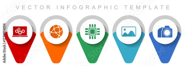 Fototapeta Computer and technology pointer collection, miscellaneous icons such as laptop, network, chip, image and photo camera, flat design vector infographic template in eps 10