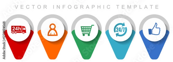 Fototapeta Shopping pointer collection, miscellaneous icons such as 24h delivery, customer, cart and like, flat design vector infographic template in eps 10