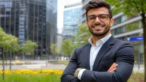 Fototapeta A bright smile of a successful entrepreneur, radiating confidence and determination.