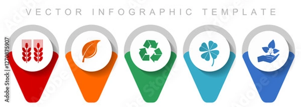 Obraz Agriculture pointer collection, miscellaneous icons such as wheat, leaf, recycling, clover and seedling, flat design vector infographic template in eps 10