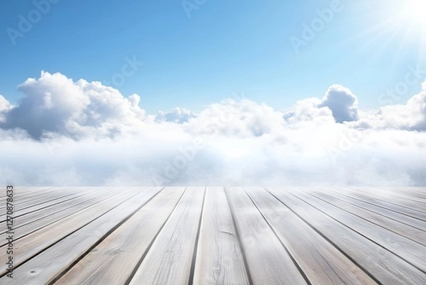 Fototapeta Wooden deck above clouds; sunny sky background