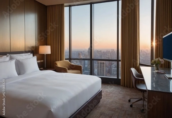 Obraz A comfortable hotel room featuring a spacious bed and a sizable window