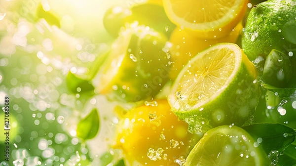 Fototapeta Fresh lemons and limes splashing in water with vibrant green background, showcasing freshness