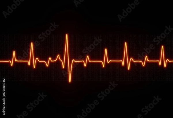 Fototapeta Orange EKG Sinusoidal Pulse Lines: Heartbeat Frequency Visualization on Black - Medical Illustration, Cardiology, Heart Health, Science, EKG Rhythm Design

