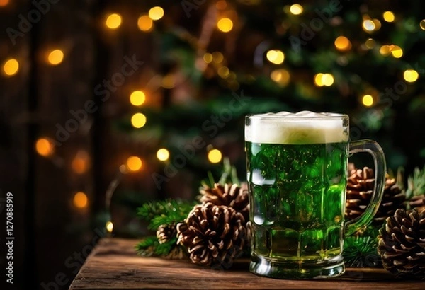 Obraz A glass of green beer sits on a wooden table with pine cones