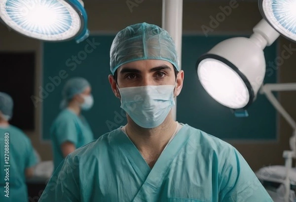 Obraz A surgeon dressed in scrubs and wearing a mask in an operating room