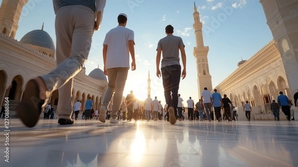 Fototapeta Group of people walking towards a mosque at sunset, serene atmosphere
