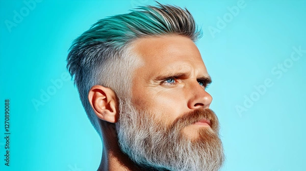 Fototapeta Stylish man with beard and dyed hair looks away against bright, solid background