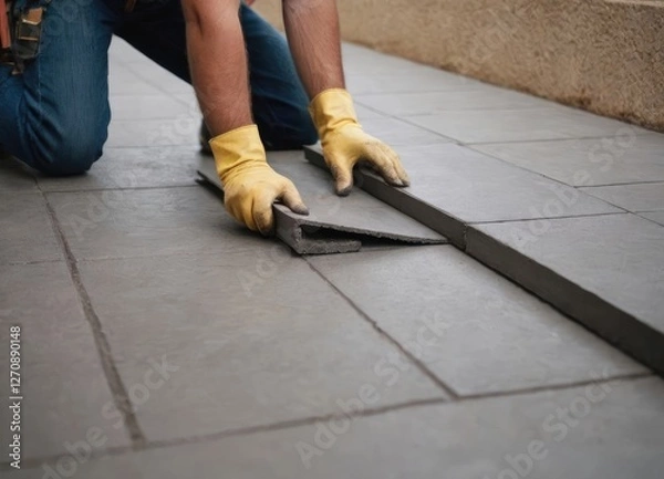 Obraz A man in yellow gloves is working hard on a concrete walkway