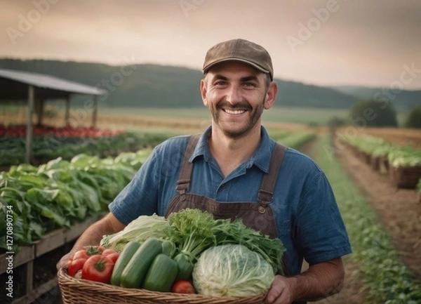 Fototapeta A man is holding a large basket filled with various vegetables in a field