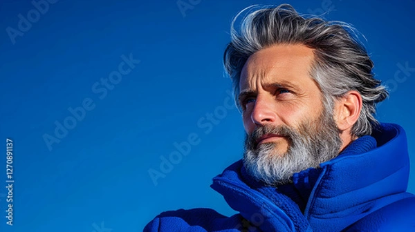 Fototapeta Thoughtful gray-haired man gazes at blue sky; portrait of wellness and reflection