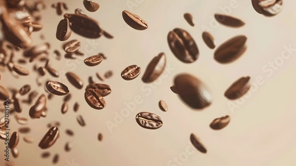 Fototapeta Floating coffee beans against a soft, blurred background, highlighting the essence of brewing