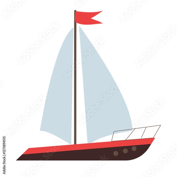 Obraz Simple flat illustration of red and black sailboat with blue sails and red flag isolated on white background