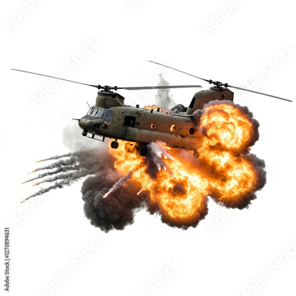 Fototapeta explosion of a helicopter in the air due to a shell hit