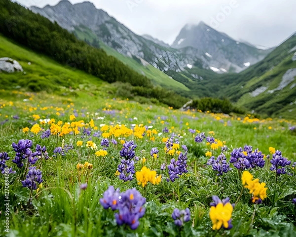 Fototapeta Wildflowers in alpine meadow, mountains in background, nature scenery for website