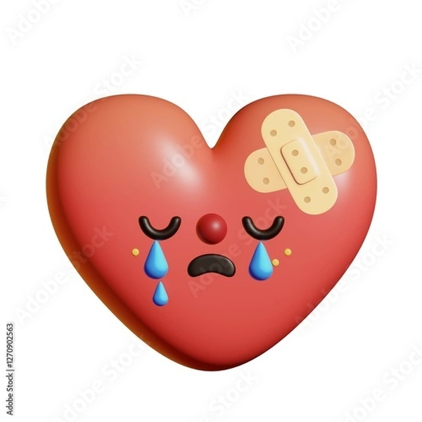 Obraz Sad crying heart character. Wounded heart mascot with bandages. Cute 3d element for Valentine's Day. Negative romantic experience concept.