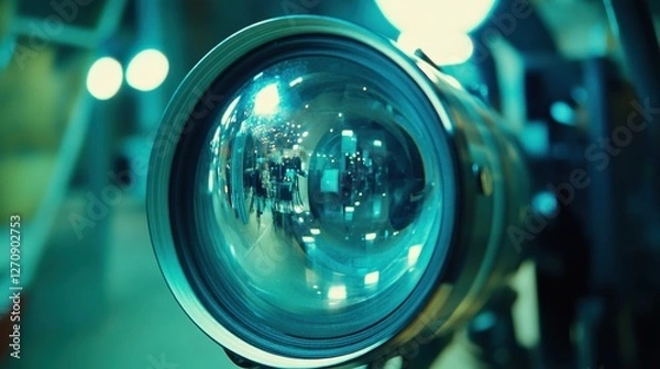 Fototapeta A close-up of a movie cameras lens with studio lighting reflecting in the polished glass.