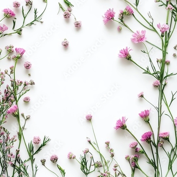 Fototapeta Vibrant pink wildflowers arranged in a delicate floral composition on a pristine white background, captured from a top view with ample blank space for text or design. Perfect for nature-inspired theme