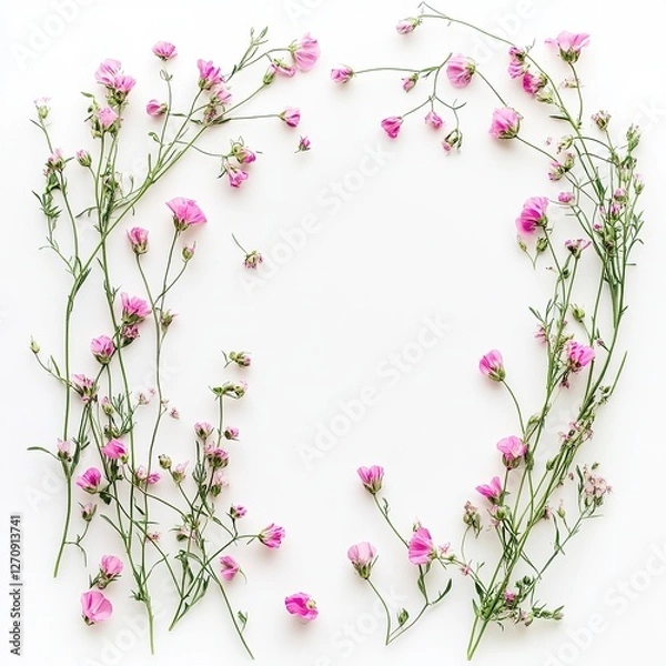 Fototapeta Vibrant pink wildflowers arranged in a delicate floral composition on a pristine white background, captured from a top view with ample blank space for text or design. Perfect for nature-inspired theme