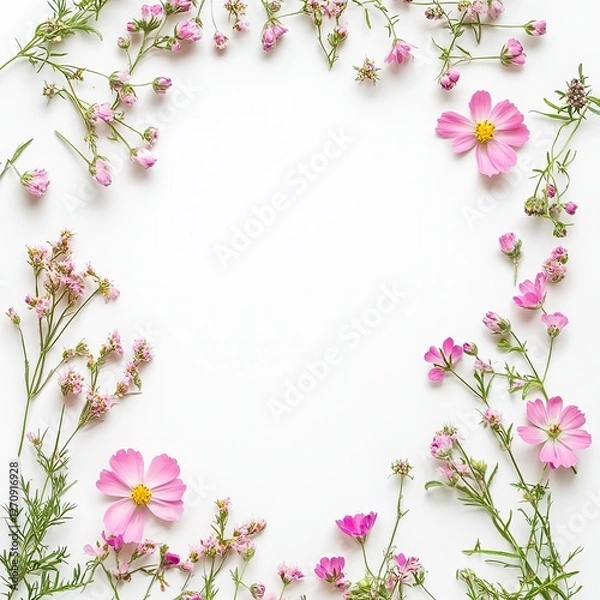 Fototapeta Vibrant pink wildflowers arranged in a delicate floral composition on a pristine white background, captured from a top view with ample blank space for text or design. Perfect for nature-inspired theme