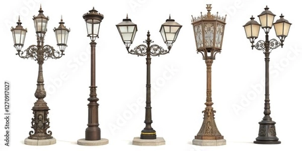 Fototapeta Vintage Street Lamp Collection: Set of Five Retro Lamp-Posts and Lanterns Isolated on White Background for Architectural Photography and Design Inspiration