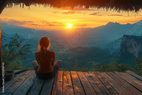 Obraz Back of a woman sitting on a wooden porch extending into a high mountain cliff. The sun is setting on the mountain and there is a beautiful warm orange light.
