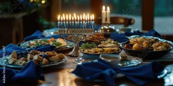 Fototapeta A festive Hanukkah dinner setting with a lit menorah, traditional Jewish dishes and candles in the background. The table is set for a family celebration.