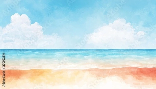 Obraz A serene beach landscape with gentle waves and soft clouds reflecting the sun.