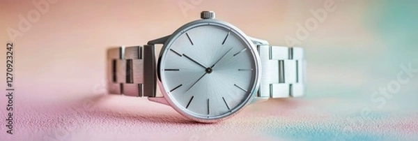 Fototapeta Minimalist silver watch on a soft pastel surface
