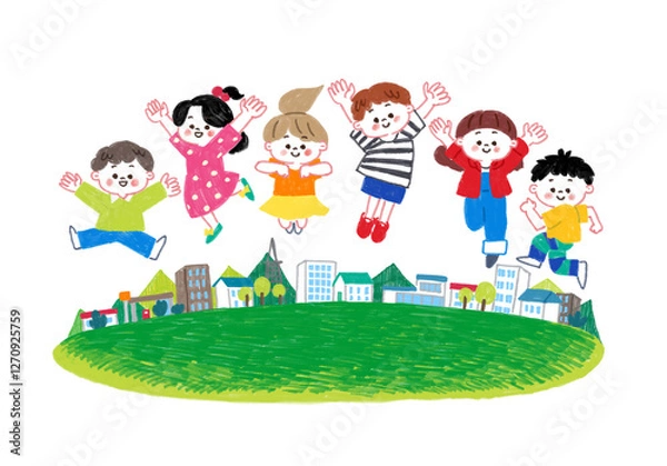 Obraz 色鉛筆で描いた街の広場でジャンプする子供