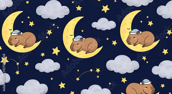 Fototapeta Capybara Sleeping on Moon and Stars Background Wallpaper