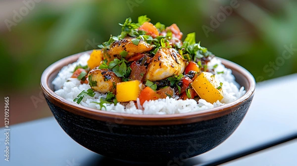 Fototapeta Senegalese Thieboudienne With Fish Rice And Mango