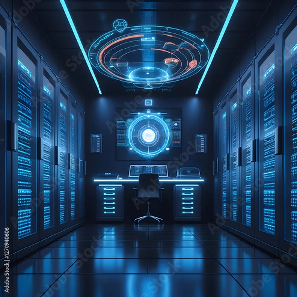 Fototapeta This digital artwork showcases a high-tech, futuristic server room illuminated by striking neon blue lighting. Rows of glowing server racks extend into the distance, while a sleek,