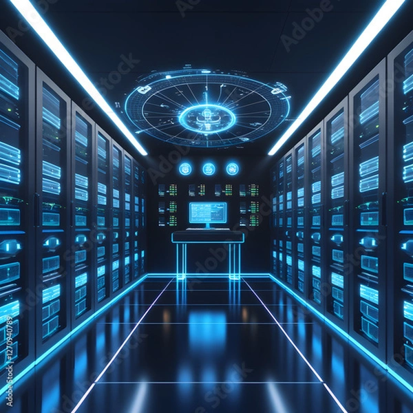 Fototapeta This digital artwork showcases a high-tech, futuristic server room illuminated by striking neon blue lighting. Rows of glowing server racks extend into the distance, while a sleek,