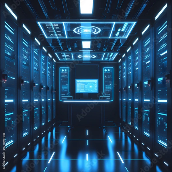Fototapeta This digital artwork showcases a high-tech, futuristic server room illuminated by striking neon blue lighting. Rows of glowing server racks extend into the distance, while a sleek,