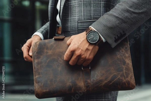 Fototapeta Man in classic suit with watch and leather briefcase goes to office