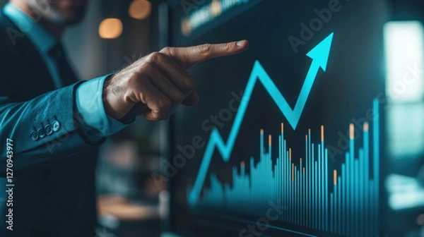 Fototapeta businessman pointing at rising graph on digital screen, symbolizing growth