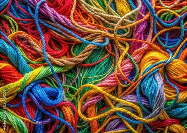 Fototapeta Colorful Tangled Sewing Threads Overhead Background Texture