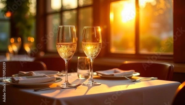 Fototapeta Sparkling Celebration: Two glasses of bubbly beverage on a beautifully set table bathed in warm sunlight, creating a romantic atmosphere.