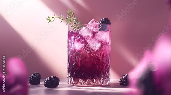 Fototapeta Refreshing blackberry drink with ice and thyme, perfect for a summer day with light pink background.