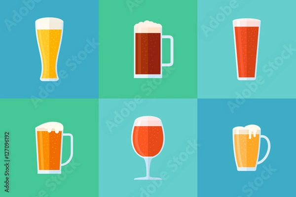 Obraz Set of beer glasses flat style icons. Different beer types: classic, white, light, red and dark. Vector illustration.