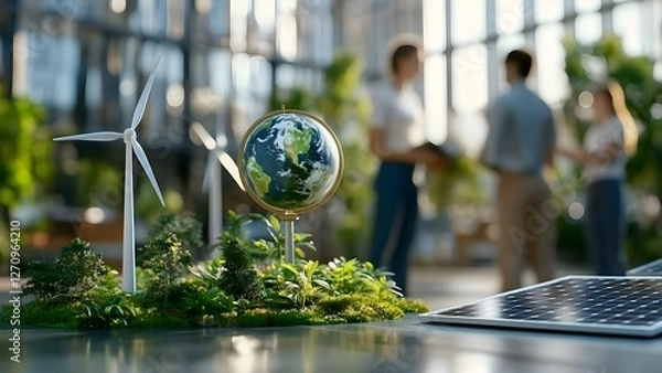 Obraz A miniature globe on a stand surrounded by plants, a wind turbine, and a solar panel, illustrating renewable energy concepts. Concept Miniature Globe Display, Renewable Energy Symbols