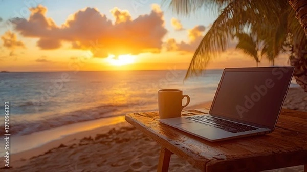 Fototapeta Freelancer Working Remotely on Tropical Beach with Laptop and Coffee Cup in Relaxed Atmosphere