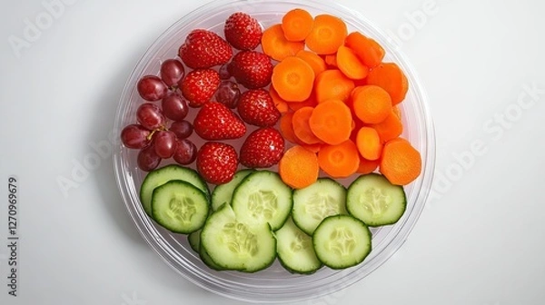 Fototapeta A playful children's plastic plate filled with sliced strawberries, grapes, cucumber, and carrots, perfect for a nutritious snack