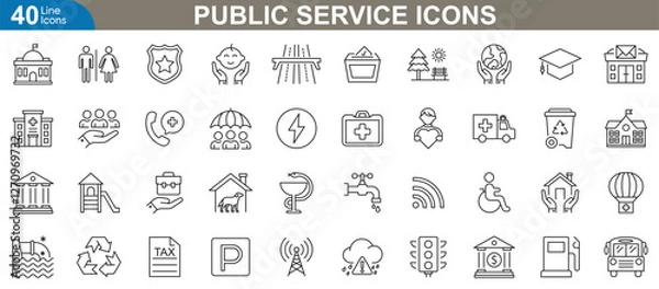 Fototapeta Public service line icons set. Vector illustrations of essential government and community services, including police, healthcare, public transport, education, social service and more.