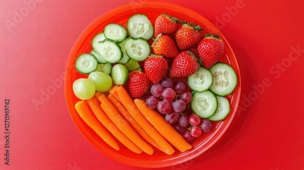 Fototapeta A playful children's plastic plate filled with sliced strawberries, grapes, cucumber, and carrots, perfect for a nutritious snack